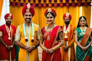 a bride and groom in traditional indian attire. AI-Generated photo