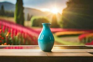 a vase sitting on a table in front of a field of flowers. AI-Generated photo