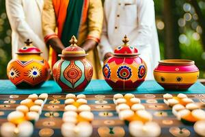 two men in traditional indian attire are standing next to colorful pots. AI-Generated photo