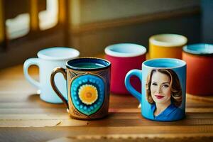 a collection of mugs with different designs and pictures. AI-Generated photo