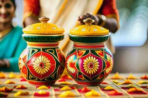 two colorful pots on a table with flowers. AI-Generated photo