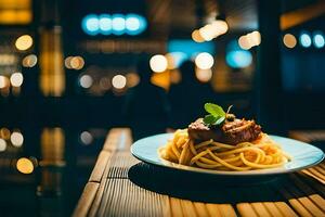 spaghetti on a plate with a glass of wine. AI-Generated photo