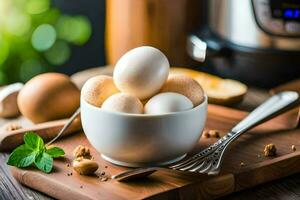 eggs in a bowl on a cutting board next to an instant pot. AI-Generated photo