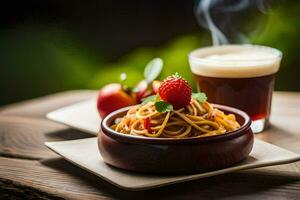 spaghetti with tomato sauce and strawberries on a wooden table. AI-Generated photo