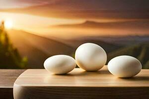 three eggs on a wooden cutting board with a sunset in the background. AI-Generated photo