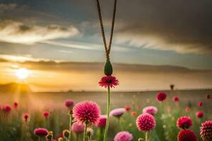 un collar colgando desde un flor en un campo. generado por ai foto