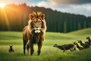 un león y un grupo de animales en un campo. generado por ai foto