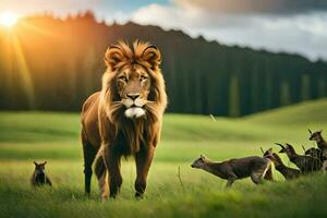 a lion and a group of animals in a field. AI-Generated photo