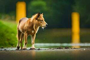 a dog standing in the water next to yellow poles. AI-Generated photo