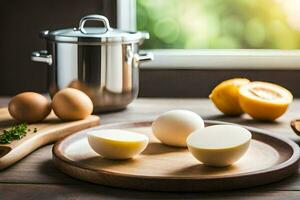 eggs on a cutting board next to a pot. AI-Generated photo