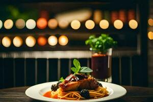 un plato de espaguetis y carne en un de madera mesa. generado por ai foto