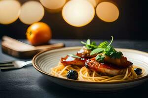a plate of spaghetti with meat and vegetables. AI-Generated photo