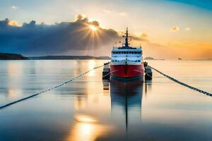 a red and white boat in the water at sunset. AI-Generated photo