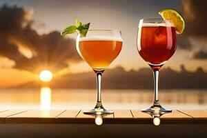 dos lentes de alcohol en un mesa con puesta de sol en el antecedentes. generado por ai foto