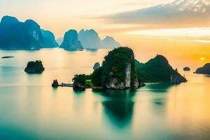 the sunrise over the water in halong bay, vietnam. AI-Generated photo
