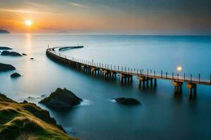 un largo exposición foto de un muelle a puesta de sol. generado por ai