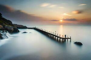 a long exposure photo of a pier in the ocean. AI-Generated