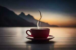 a cup of coffee on a wooden table with mountains in the background. AI-Generated photo