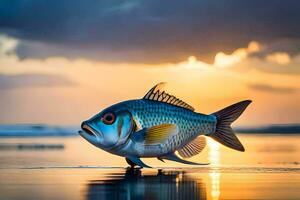 un pescado es en pie en el playa a puesta de sol. generado por ai foto