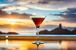 cocktail in a glass on the edge of a pool with a sunset in the background. AI-Generated photo