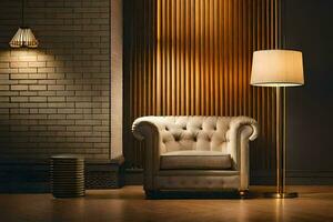 a chair and lamp in a room with brick walls. AI-Generated photo