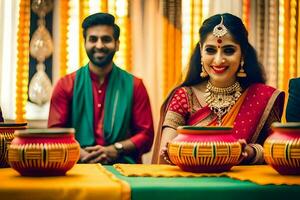 a couple in traditional indian attire is smiling at the camera. AI-Generated photo