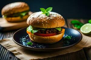 a hamburger with lettuce, tomato and cheese on a plate. AI-Generated photo