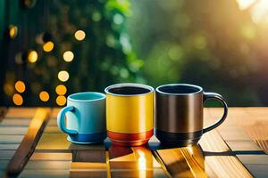 three colorful coffee mugs on a wooden table. AI-Generated photo