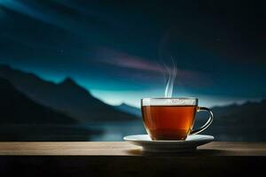 un taza de té en un de madera mesa en frente de un lago a noche. generado por ai foto