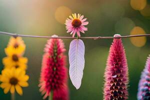 colorful flowers are hanging on a wire. AI-Generated photo