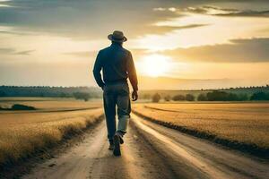 un hombre caminando abajo un suciedad la carretera a puesta de sol. generado por ai foto