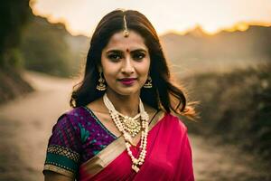 a beautiful indian woman in a sari. AI-Generated photo