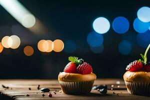 two cupcakes with berries on top of a wooden table. AI-Generated photo