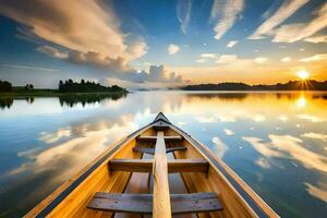a canoe is floating on a calm lake at sunset. AI-Generated photo