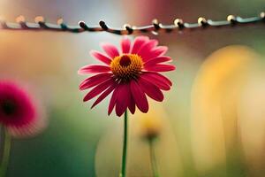 a pink flower is standing on a barbed wire. AI-Generated photo