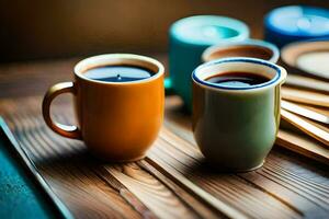 dos café tazas con negro líquido en ellos en un de madera mesa. generado por ai foto