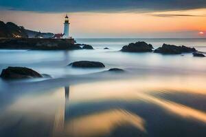 a lighthouse stands in the ocean at sunset. AI-Generated photo