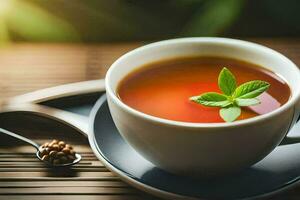 a cup of tea with a mint leaf. AI-Generated photo