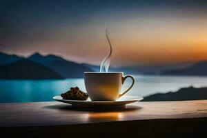 coffee cup on the table with mountains in the background. AI-Generated photo