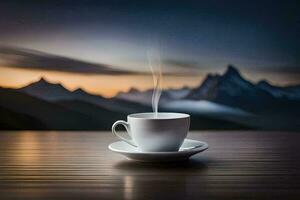 café taza en mesa con montañas en el antecedentes. generado por ai foto