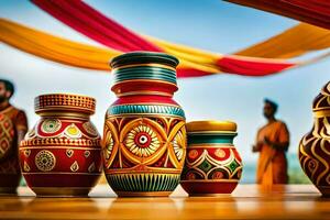 colorful vases on a table with people in the background. AI-Generated photo