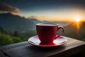 a cup of coffee on a wooden table in the mountains. AI-Generated photo
