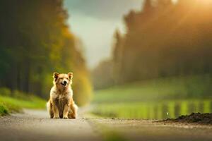 foto fondo de pantalla el camino, perro, atardecer, el camino, el camino, el camino, el. generado por ai