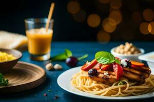 a plate of spaghetti with chicken, vegetables and salad. AI-Generated photo