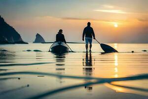 two people paddle a canoe at sunset. AI-Generated photo