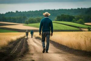 a man walking down a dirt road in a field. AI-Generated photo