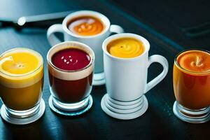 cinco diferente tipos de jugos en tazas. generado por ai foto