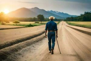 a man walking down a dirt road with a cane. AI-Generated photo