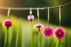 pink flowers hanging from a string in the grass. AI-Generated photo