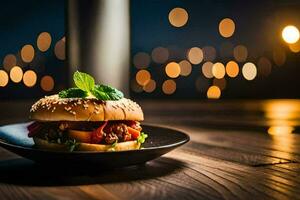 a hamburger on a plate with lights in the background. AI-Generated photo